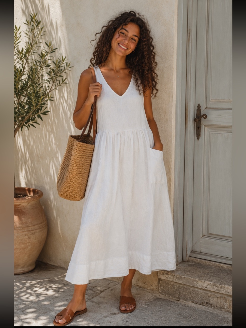 NAIF White Sleeveless V-Neck Linen Maxi Dress with Pockets